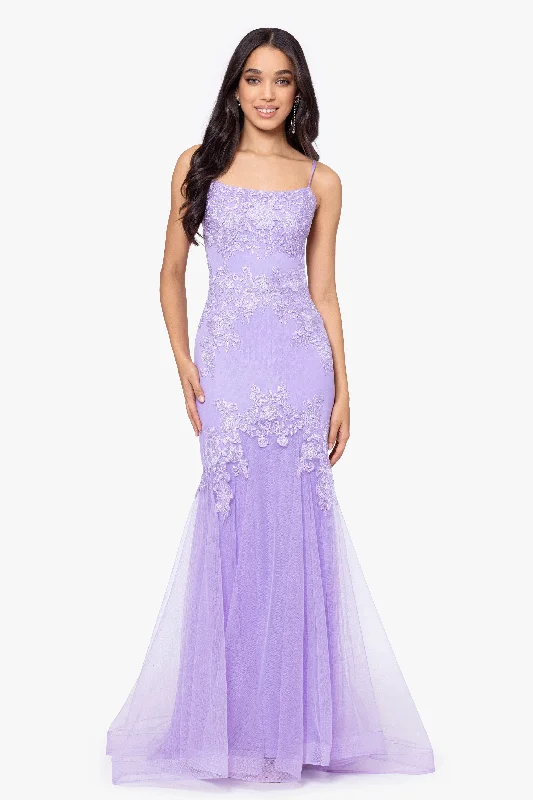 Floral Graduation Dresses-Blondie Nites "Faith" Long Slim Spaghetti Strap Mesh Applique Dress Floral Graduation Dresses-Blondie Nites "Faith" Long Slim Spaghetti Strap Mesh Applique Dress