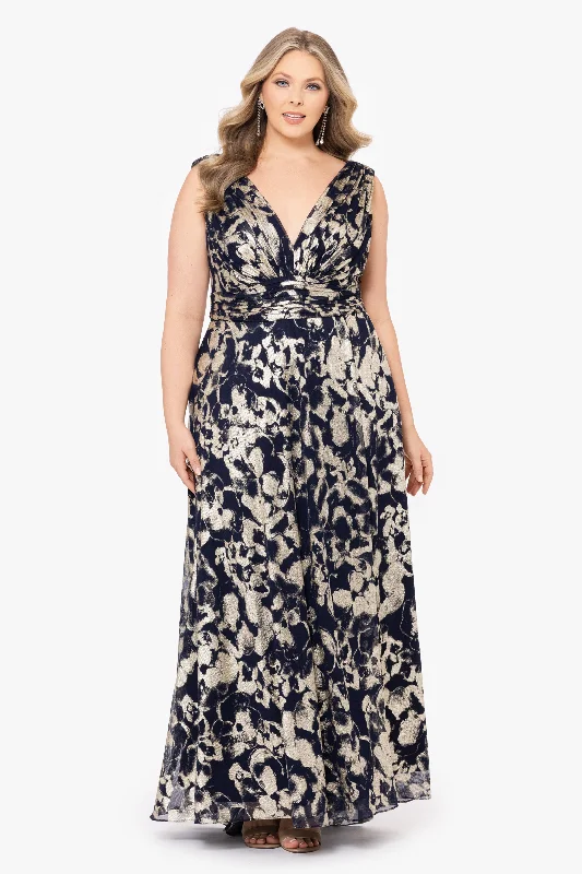 Evening dresses for a winter gala-Plus "Maria" Long Foil V-Neck Floor Length Dress