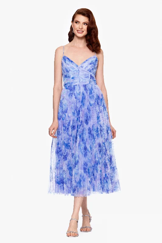 Cocktail Dresses for Semi-Formal-"Meadow" Tulle Print Pleated Midi Dress