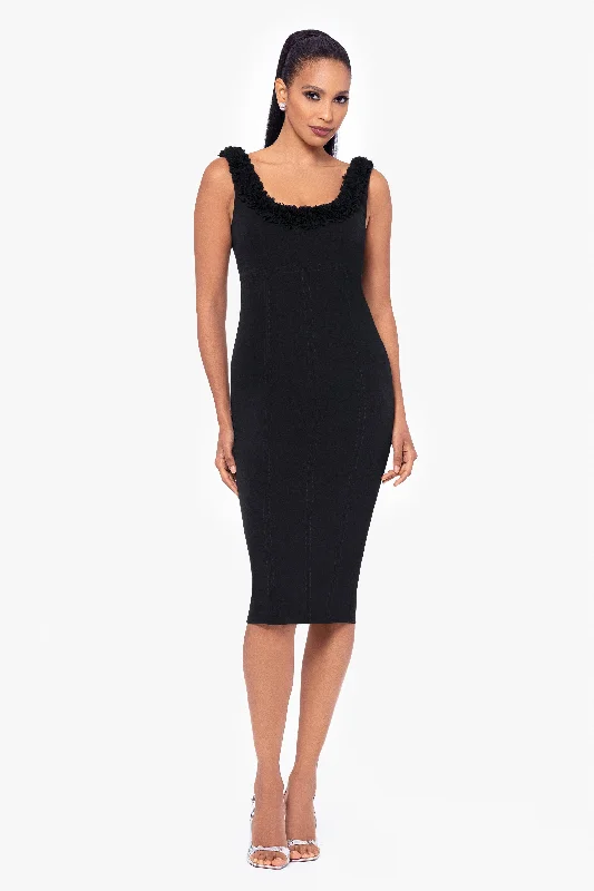 Cocktail Dresses for Sports Events-"Destiney" Knee Length Stretch Twill Ruffle Neckline Dress Cocktail Dresses for Sports Events-"Destiney" Knee Length Stretch Twill Ruffle Neckline Dress