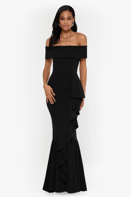 Evening dresses with lace details for a romantic touch-Petite "Carina" Long Off the Shoulder Ruffle Dress Evening dresses with lace details for a romantic touch-Petite "Carina" Long Off the Shoulder Ruffle Dress