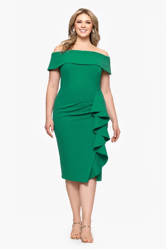 Cocktail Dresses with Tiered Skirt-"Kourtney" Scuba Crepe Off the Shoulder Ruffle Midi Dress Cocktail Dresses with Tiered Skirt-"Kourtney" Scuba Crepe Off the Shoulder Ruffle Midi Dress