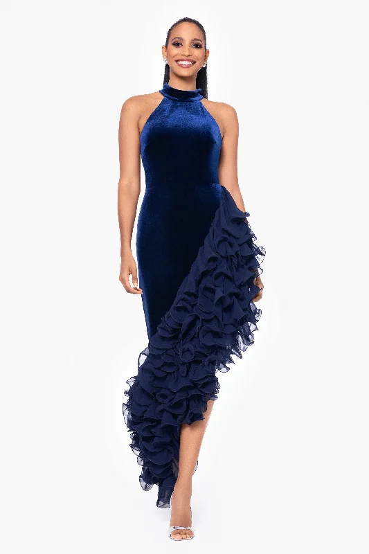 Wedding Guest Dresses for Music Concerts-"Cassie" Long Velvet Asymmetrical Ruffle Mock Neck Dress