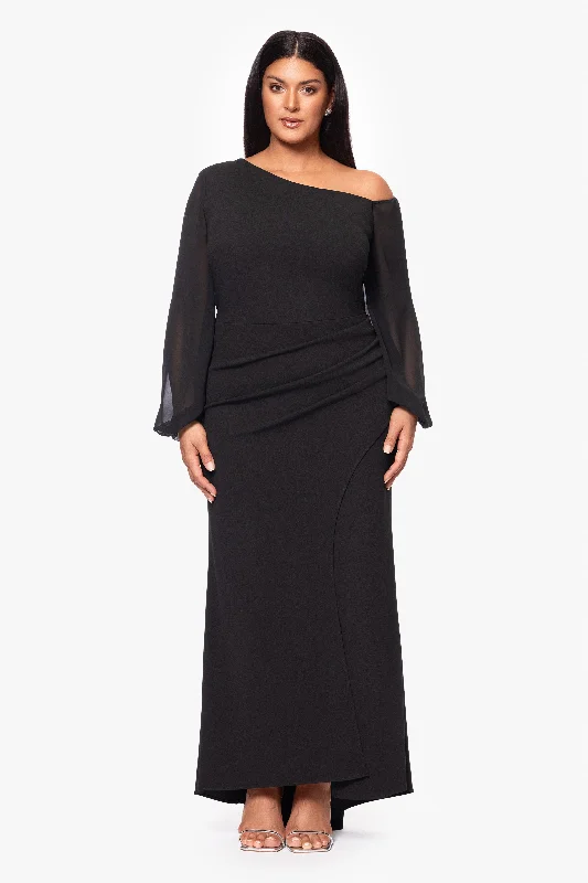 Wedding Guest Dresses with Removable Belt-Plus "Donna" Long Off the Shoulder Illusion Sleeve Dress