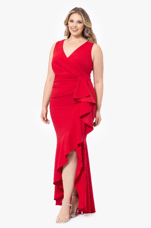 Day dresses with a dropped waist for added ease-Plus "Candace" Long V- Neck Hi Low Cascade Dress Day dresses with a dropped waist for added ease-Plus "Candace" Long V- Neck Hi Low Cascade Dress