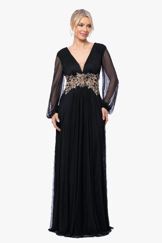 Wedding Guest Dresses with Magnetic Closure-"Rebecca" Long Sleeve Mesh Floor Length Gown Wedding Guest Dresses with Magnetic Closure-"Rebecca" Long Sleeve Mesh Floor Length Gown