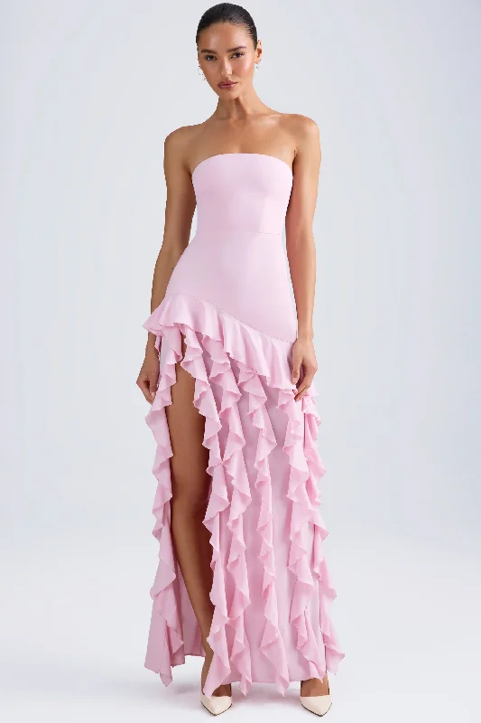 Evening dresses with long sleeves for elegance-Ruffle-Trim Strapless Gown in Light Pink Evening dresses with long sleeves for elegance-Ruffle-Trim Strapless Gown in Light Pink