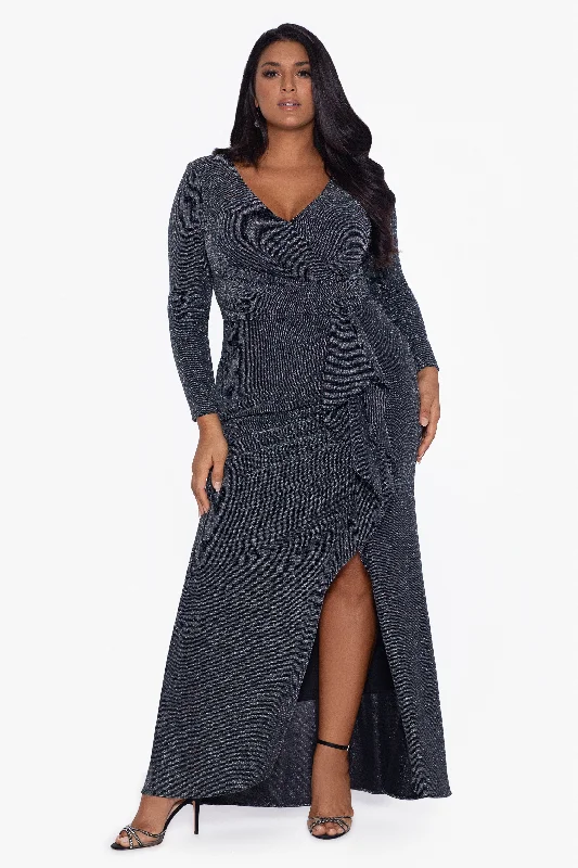 Evening dresses with embellished designs for added shine-Plus "Rhonda" V-Neck Metallic Knit Long Dress Evening dresses with embellished designs for added shine-Plus "Rhonda" V-Neck Metallic Knit Long Dress