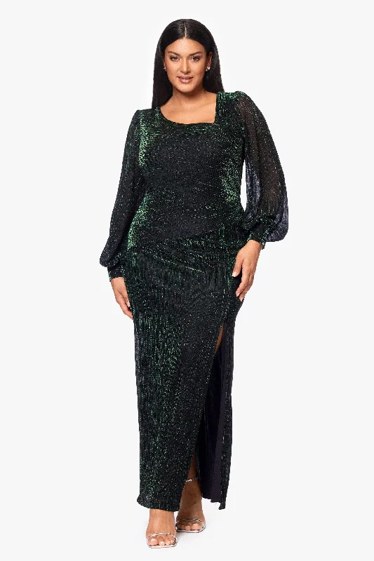 Wedding Guest Dresses for Night Out-Plus "Siobhan" Long Metallic Long Sleeve Asymmetrical Neckline Dress