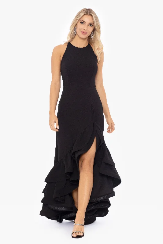 Birthday dresses with a unique pattern for a standout look-"Arielle" Scuba Crepe Ruffle Slit Gown Birthday dresses with a unique pattern for a standout look-"Arielle" Scuba Crepe Ruffle Slit Gown