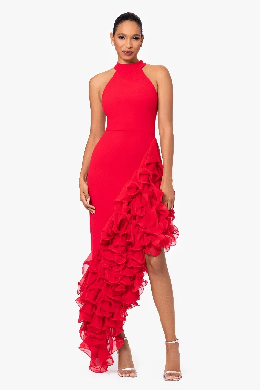 Where to buy birthday dresses for a themed birthday celebration-"Mona" Long Ponte Asymmetrical Ruffle Mock Neck Dress Where to buy birthday dresses for a themed birthday celebration-"Mona" Long Ponte Asymmetrical Ruffle Mock Neck Dress