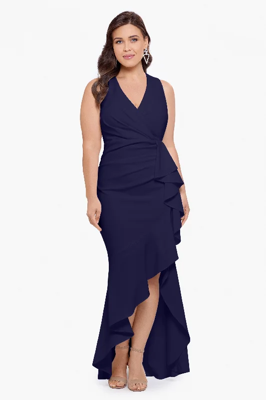 Where to buy elegant evening dresses online-Plus "Candace" Long V- Neck Hi Low Cascade Dress