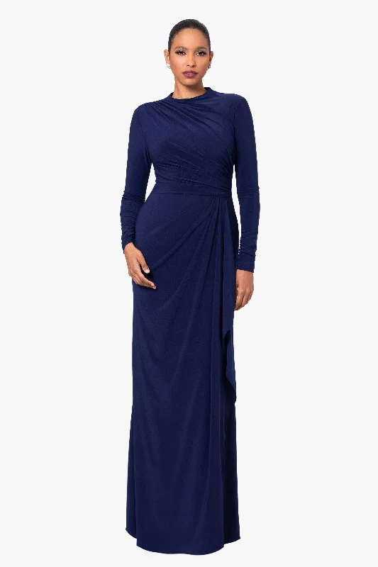 Wedding Guest Dresses with Silk Fabric-"Jeanette" Long Sleeve Stretch Knit Side Ruffle Dress Wedding Guest Dresses with Silk Fabric-"Jeanette" Long Sleeve Stretch Knit Side Ruffle Dress