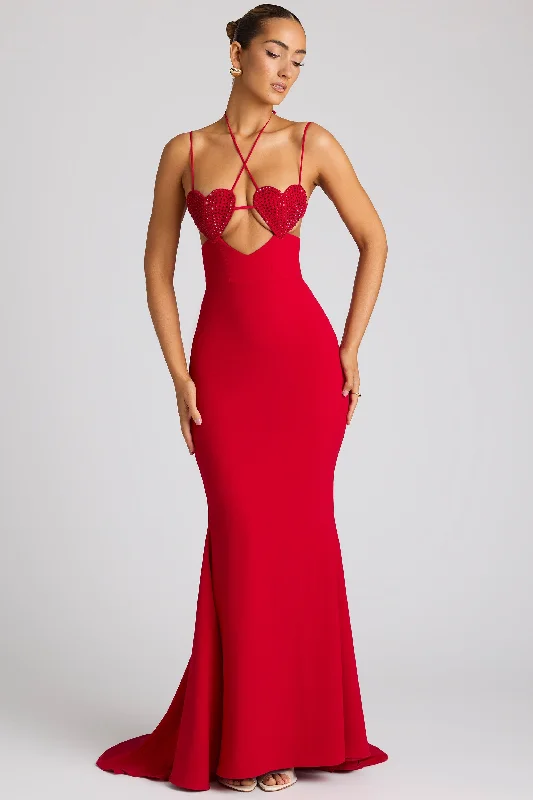 Evening dresses for a holiday party-Embellished Heart Cup Detail Evening Gown in Fire Red Evening dresses for a holiday party-Embellished Heart Cup Detail Evening Gown in Fire Red
