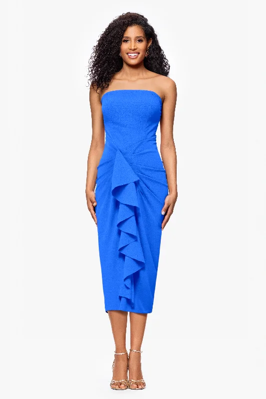 Cocktail Dresses with Cold Shoulder Sleeves-"Clover" Scuba Crepe Strapless Ruffle Midi Dress Cocktail Dresses with Cold Shoulder Sleeves-"Clover" Scuba Crepe Strapless Ruffle Midi Dress