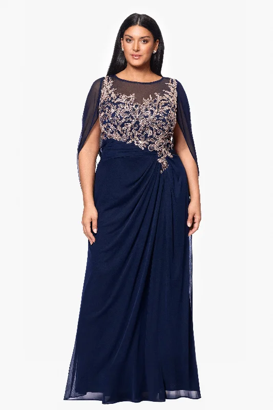 Linen Wedding Guest Dresses-Plus "Willa" Long Sheer Matte Jersey Cape Back Dress With Applique