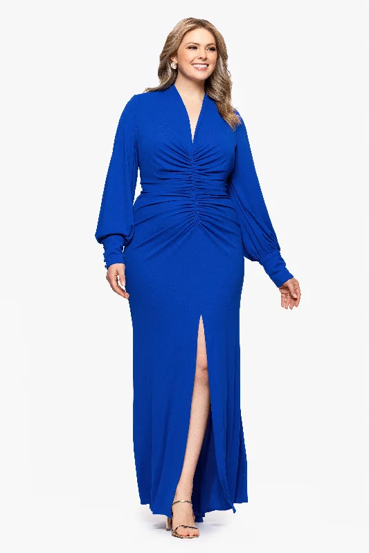 Day dresses for a casual wedding reception-Plus "Julia" Matte Jersey Rouched Long Sleeve Floor Length Dress Day dresses for a casual wedding reception-Plus "Julia" Matte Jersey Rouched Long Sleeve Floor Length Dress