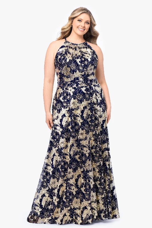 Where to find flattering day dresses for your body type-Plus "Layla" Long Halter Top Wrap Foil Print Dress