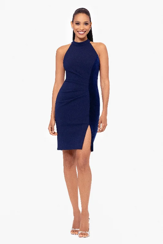 Cocktail Dresses for Music Festivals-Petite "Mariana" Short Halter Neck Scuba Crepe and Velvet Stripe Dress Cocktail Dresses for Music Festivals-Petite "Mariana" Short Halter Neck Scuba Crepe and Velvet Stripe Dress
