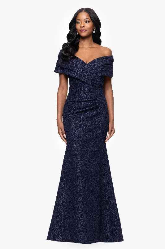 Wedding Guest Dresses for Augmented Reality Experiences-"Dolly" Jacquard Off the Shoulder Floor Length Dress Wedding Guest Dresses for Augmented Reality Experiences-"Dolly" Jacquard Off the Shoulder Floor Length Dress