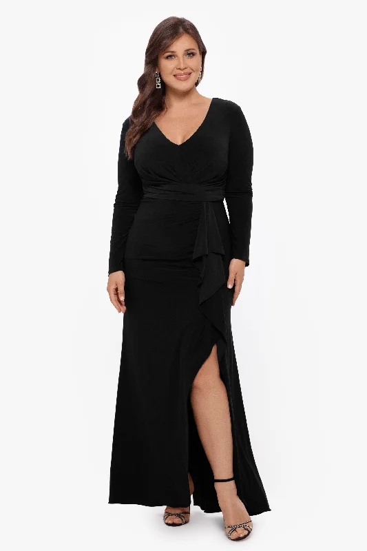 Red carpet dress rentals for one-time celebrity events -Plus "Elle" Long Sleeve Side Ruffled Slit Gown Red carpet dress rentals for one-time celebrity events -Plus "Elle" Long Sleeve Side Ruffled Slit Gown