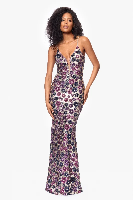 Cotton Wedding Guest Dresses-"Rava" Sequin V-Neck Illusion Mesh Insert Floor Length Dress