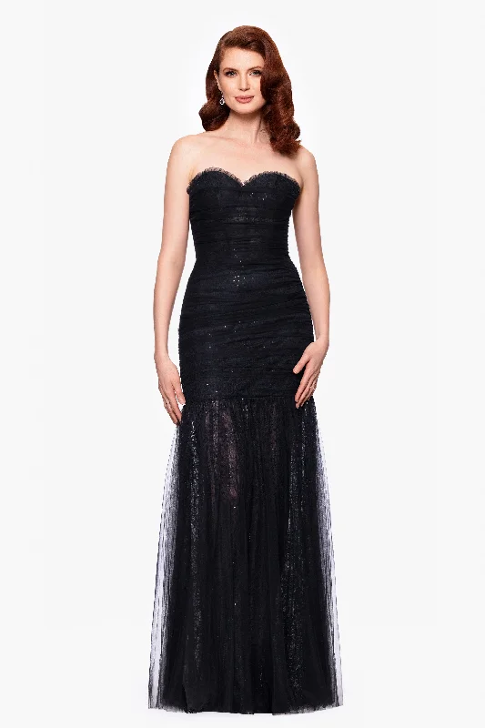 Wedding Guest Dresses for Beach Weddings-"Katherine" Sequin Lace Strapless Floor Length Dress