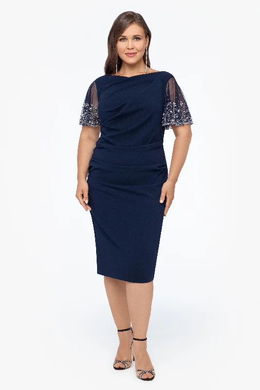 Cocktail Dresses for Winter Wonderland-Plus "Emily" Short Scuba Crepe Beaded Sleeve Dress Cocktail Dresses for Winter Wonderland-Plus "Emily" Short Scuba Crepe Beaded Sleeve Dress