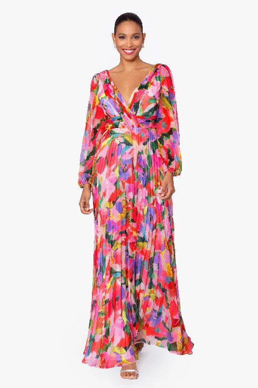 Day dresses with pleats for added volume-"Amber" Long Sleeve Chiffon Print Floor Length Dress