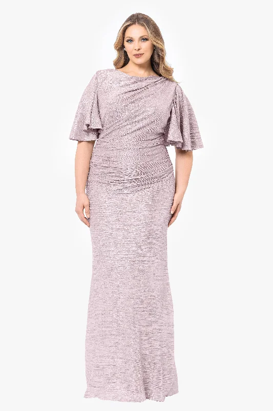 Day dresses for a visit to the library-Plus "Demetria" Long Metallic Flutter Sleeve Dress