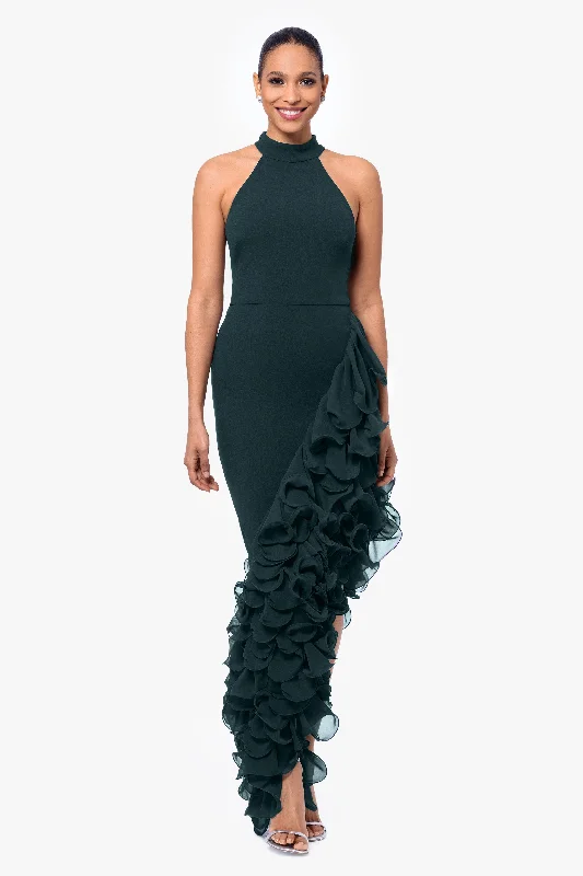 Day dresses for an easy-going weekend look-"Mona" Long Ponte Asymmetrical Ruffle Mock Neck Dress