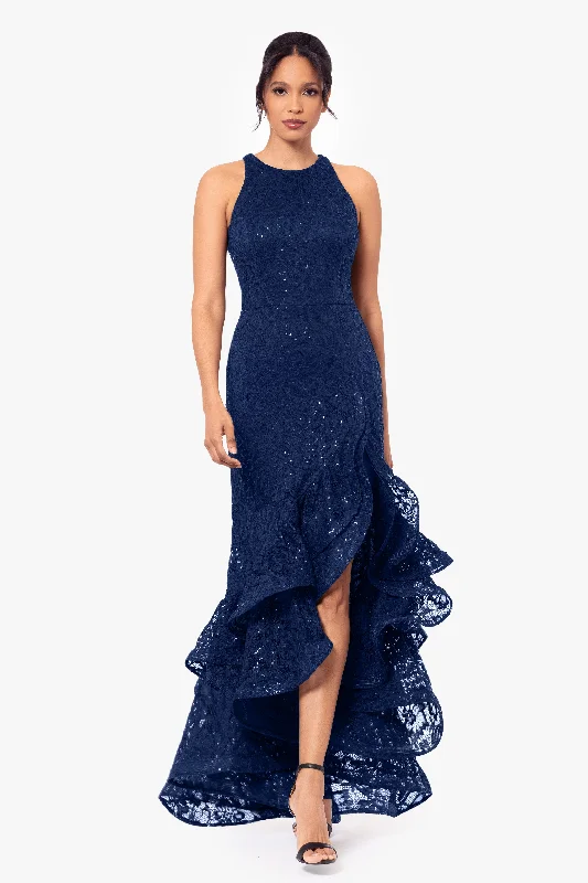 Wedding Guest Dresses with Fringe Accents-"Laurel" Sequin Lace Ruffle Slit Gown