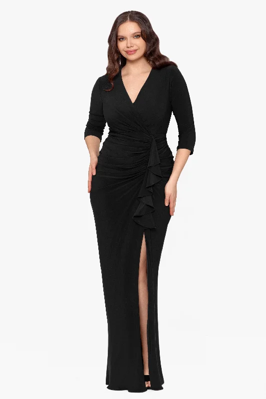 Wedding Guest Dresses for Game Conventions-Plus "Aubree" Jersey Knit Long Sleeve Ruffle Floor Length Dress Wedding Guest Dresses for Game Conventions-Plus "Aubree" Jersey Knit Long Sleeve Ruffle Floor Length Dress