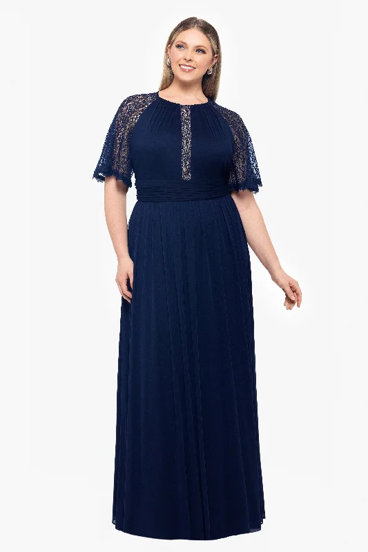 Where to find evening dresses with modern minimalist designs-Plus "Chrissy" Long Sheer Matte Jersey and Lace Sleeve Dress Where to find evening dresses with modern minimalist designs-Plus "Chrissy" Long Sheer Matte Jersey and Lace Sleeve Dress