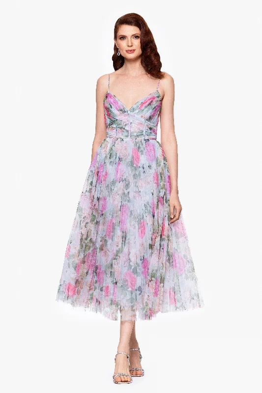 Cocktail Dresses for Smart Casual-"Molly" Tulle Print Pleated Midi Dress