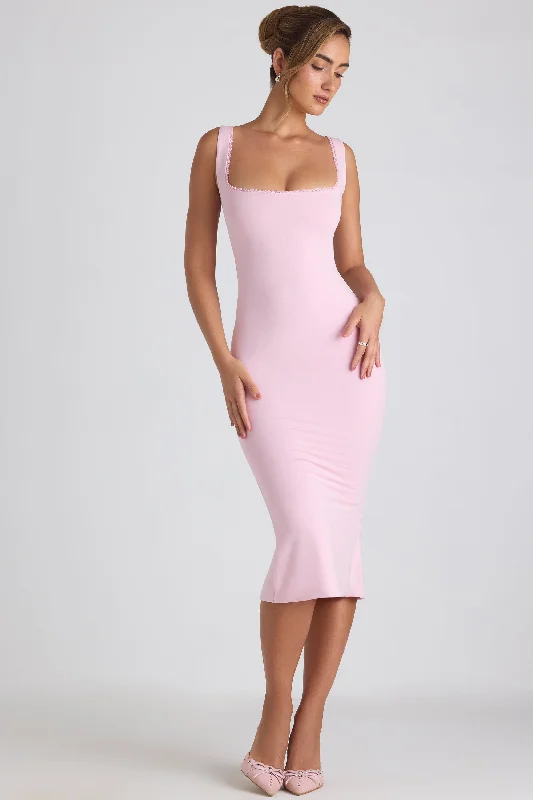 Graduation Dresses with Off-the-Shoulder Sleeves-Modal Lace-Trim Midaxi Dress in Soft Pink Graduation Dresses with Off-the-Shoulder Sleeves-Modal Lace-Trim Midaxi Dress in Soft Pink