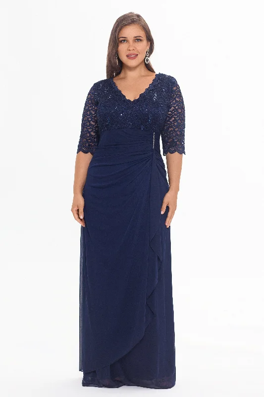 Evening dresses with feather accents for a playful touch-Plus "Johanna" 3/4 Sleeve Sheer Matte Jersey Long Dress Evening dresses with feather accents for a playful touch-Plus "Johanna" 3/4 Sleeve Sheer Matte Jersey Long Dress