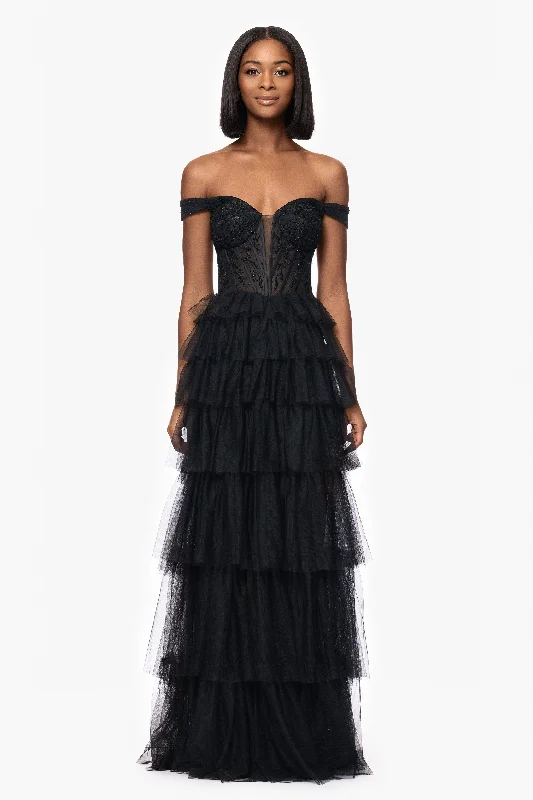 Graduation Dresses with Sandals-Blondie Nites "Charlotte" Long Mesh Off the Shoulder Applique and Ruffle Skirt Dress Graduation Dresses with Sandals-Blondie Nites "Charlotte" Long Mesh Off the Shoulder Applique and Ruffle Skirt Dress