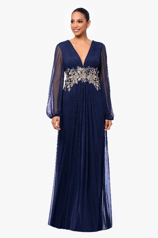 Wedding Guest Dresses with LED Lights-"Rebecca" Long Sleeve Mesh Floor Length Gown