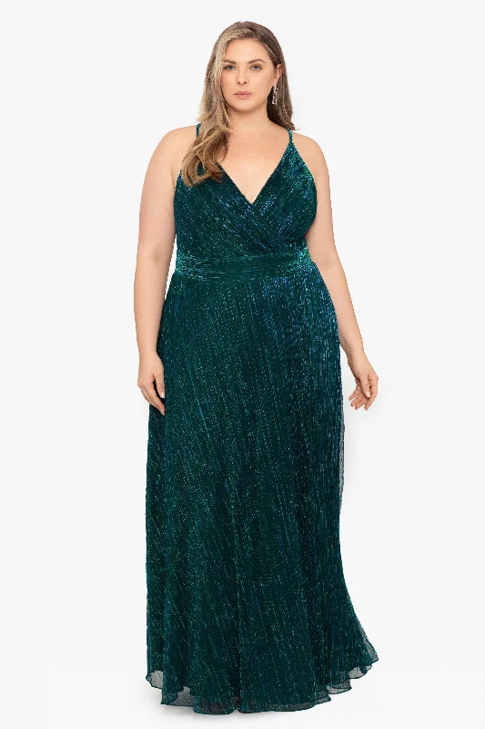 Day dresses with a fit-and-flare design for added femininity-Plus "Sadie" Long Metallic V Neck Dress Day dresses with a fit-and-flare design for added femininity-Plus "Sadie" Long Metallic V Neck Dress