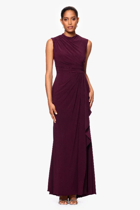 Wedding Guest Dresses for Theater Performances-"Patricia" Long Jersey Knit Ruffle Sleeveless Dress