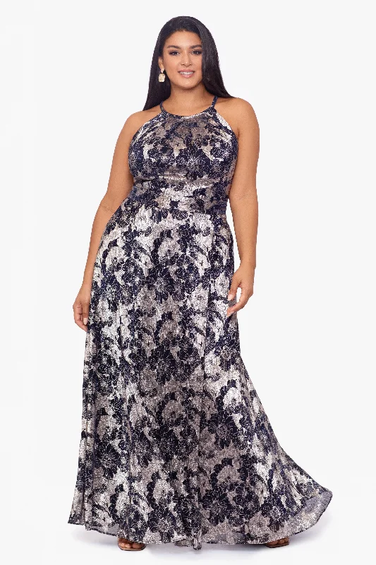 Day dresses with a floral print for a feminine touch-Plus "Layla" Long Halter Top Wrap Foil Print Dress