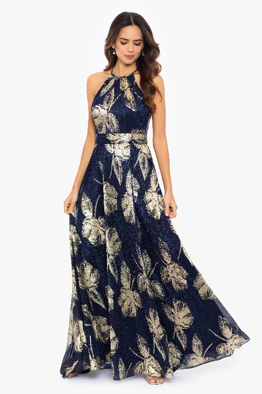 Day dresses for a trip to the beach-Petite "Ilaria" Long Halter Foil Print Dress