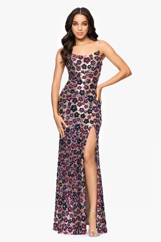 Graduation Dresses for Ice Skating-"Miley" Long Floral Sequin Spaghetti Strap Floor Length Dress Graduation Dresses for Ice Skating-"Miley" Long Floral Sequin Spaghetti Strap Floor Length Dress