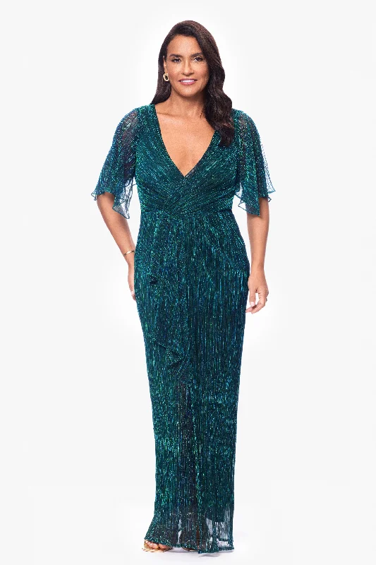 Wedding Guest Dresses with Reversible Design-"Sonny" Long Metallic Knit V-Neck Ruffle Dress