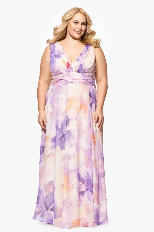 Lace Wedding Guest Dresses-Plus "Kyla" Sleeveless V-Neck Floral Floor Length Chiffon Dress