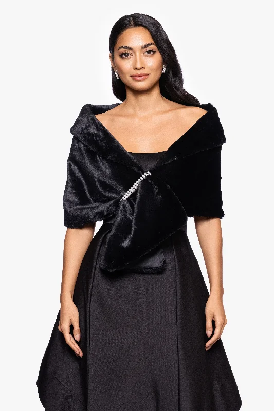 Chiffon Wedding Guest Dresses-"Betty" Faux Fur Pearl Trim Shawl Wrap
