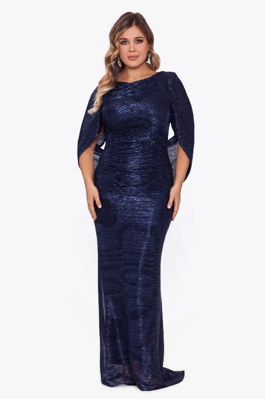 Wedding Guest Dresses with Satin Embellishments-Plus "Elaine" Metallic Crinkle Long Dress Wedding Guest Dresses with Satin Embellishments-Plus "Elaine" Metallic Crinkle Long Dress