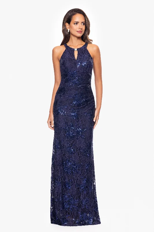 Wedding Guest Dresses with Animal Prints-"Wilma" Sequin Lace Keyhole Neck Floor Length Dress