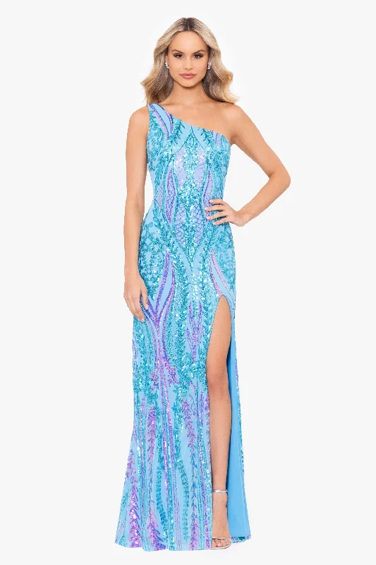 Graduation Dresses with Zipper Closure-Blondie Nites "Terri" Long Placement Sequin One Shoulder Dress Graduation Dresses with Zipper Closure-Blondie Nites "Terri" Long Placement Sequin One Shoulder Dress